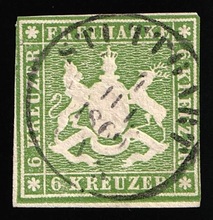 1857 6kr Wurttemberg, German States, Germany, Circular Datestamp