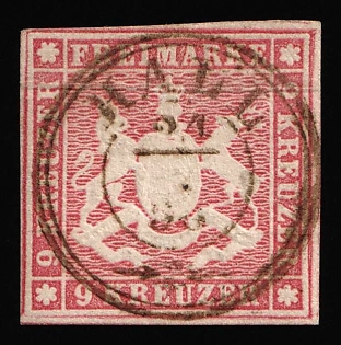 1857 9kr Wurttemberg, German States, Germany, Circular Datestamp, Signed