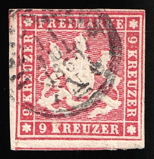 1859 9kr Wurttemberg, German States, Germany, Circular Datestamp