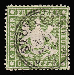 1860 6kr Wurttemberg, German States, Germany, Circular Datestamp