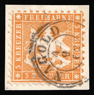 1862 3kr on piece Wurttemberg, German States, Germany, Circular Datestamp