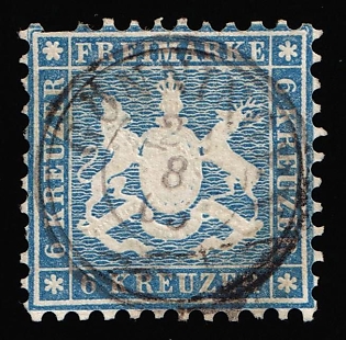 1864 6kr Wurttemberg, German States, Germany, Circular Datestamp