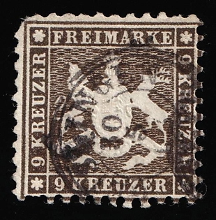 1863 9kr Wurttemberg, German States, Germany, Circular Datestamp, Signed