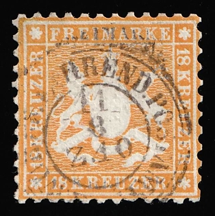 1863-64 18kr Wurttemberg, German States, Germany, Circular Datestamp, Certificate