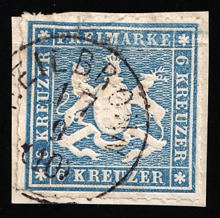 1865 6kr on piece Wurttemberg, German States, Germany, Circular Datestamp