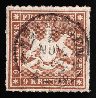 1866 9kr Wurttemberg, German States, Germany, Circular Datestamp