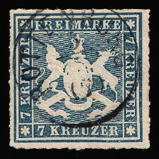 1868 7kr Wurttemberg, German States, Germany, Circular Datestamp, Certificate