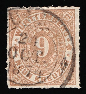 1873 9kr Wurttemberg, German States, Germany, Circular Datestamp '24 Oct 1874', Signed