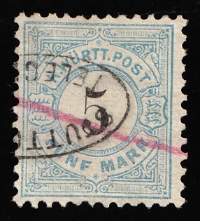 1881 5m Wurttemberg, German States, Germany, Oval Postmark + Red Crayon Cancellation