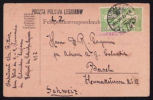 1915 (21 Jan) Polish Legion in Austro-Hungarian Army, Field Post Postcard from a Polish Soldier in Budapest to Basel (Switzerland), Black Postmark of Field post correspondence of the Polish Legions