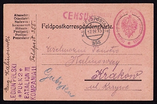 1915 (17 Apr) Polish Legion in Austro-Hungarian Army, Multilingual Field Post Postcard from a Polish Soldier to Galizia, Austrian K.u.K. (Royal and Imperial) Field Post Postmark No 355, Purple Censorship Postmark,  Purple and Red Postmark of the Command of the 3rd Battalion of the 2nd Regiment of the Polish Legion