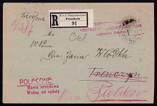 1918 (18 Mar) Polish Legion in Austro-Hungarian Army, Registered Field Post Cover From Piotrkow to Tensin, Austrian K.u.K. (Royal and Imperial) Field Post Postmark Piotrkow, Red Postmark of the Central Records Office of the Polish Legions, red Postmark of the Military Department of the National Supreme Committee on Reverse