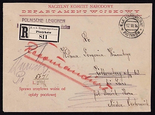 1916 (12 Jun) Polish Legion in Austro-Hungarian Army, Registered Official Cover from Supreme Polish National Committee – Military Department to Gars, Austrian K.u.K. (Royal and Imperial) Field Post Postmark Piotrkow, Purple Postmark of the Polish Legions