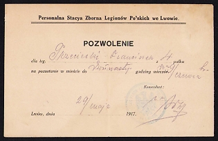 1917 (29 Jun) Polish Legion in Austro-Hungarian Army, Historical Polish Military Document, Leave or Residence Permit for a Legionnaire of the Polish Legions in the city of Lemberg until Midnight on June 29, Blue Postmark of the Garrison Headquarters of the Polish Legions in Lemberg