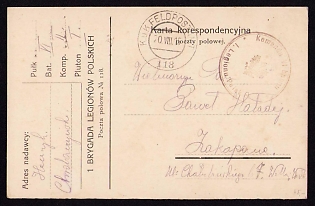 1915 (20 Jun) Polish Legion in Austro-Hungarian Army, Picture Field Post Postcard from a Polish Soldier to Zakopane, Austrian K.u.K. (Royal and Imperial) Field Post Postmark No 118, Red Postmark of the Command of the VI Battalion of the 1st Polish Legion Regiment