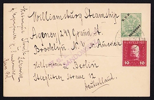1917 (14 Jul) Austrian Empire, Austria, Field Post Postal Stationery with additional Field Post Stamp from Likowice to the Williamsburg Steamship Agency in New York USA, Purple Austrian Royal and Imperial Censorship Postmark Sandomierz