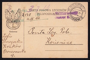 1916 (23 Jun) Polish Legion in Austro-Hungarian Army, Field Post Postcard from Krakow to the Polish Legions Post Office in Kozienice, Green Receipt Postmark of Polish Legions, Purple Censorship Postmark