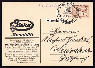 1936 'Edeka. Proprietor: Rich. Jentsch, Neusalz (oder), Kleine Gasse 11', Summer Olympics (XI Olympiad), Germany, Third Reich Nazi Propaganda Postcard