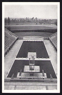 1936 'Reich Sports Field. View of the Swimming Stadium from the German Sports Arena (Deutsche Kampfbahn)', Summer Olympics (XI Olympiad), Germany, Third Reich Nazi Propaganda Postcard