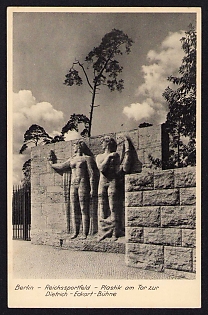 1936 'Reich Sports Field – Sculpture at the Gate to the Dietrich Eckart Stage', Summer Olympics (XI Olympiad), Germany, Third Reich Nazi Propaganda Postcard