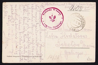 1916 (6 May) Polish Legion in Austro-Hungarian Army, Picture Field Post Postcard from a Polish Soldier to Galizia, Austrian K.u.K. (Royal and Imperial) Field Post Postmark No 118, Red Postmark of the Command of the 6th Battalion of the 1st Polish Regiment
