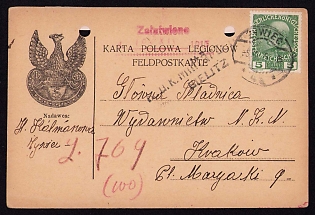 1915 (5 Dec) Polish Legion in Austro-Hungarian Army, Field Post Postcard from Zywiec Galizia to the Main Publishing House of the Supreme Polish National Committee in Krakow, Black Military Censorship Postmark from Bielitz