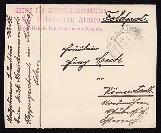 1917 (8 Jan) Polish Legion in Austro-Hungarian Army, Field Post Cover from a Polish Soldier in Kielce to Römerstadt North Moravia, Austrian K.u.K. (Royal and Imperial) Field Post Postmark Kielce, Red Postmark of the Polish Army Publicity Group attached to the Austro-Hungarian District Command in Kielce.