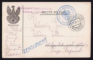 1915 (28 Aug) Polish Legion in Austro-Hungarian Army, Field Post Postcard from a Polish Soldier in Piotrkow to Prague, Austrian K.u.K. (Royal and Imperial) Field Post Postmark Piotrkow, Blue Censorship Postmark, Purple Postmark of the 1st Company of the 6th Infantry Regiment, Blue Postmark of the 3rd Battalion of the 6th Infantry Regiment of the Polish Legions