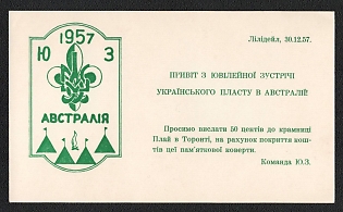 1957 Greetings from the Anniversary Meeting of the Ukrainian Plast in Australia!, Ukraine, Underground Post, Postcard