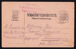 1916 (22 Jul) Polish Legion in Austro-Hungarian Army, Multilingual Field Post Postcard from a Polish Soldier to Piotrkow, Austrian K.u.K. (Royal and Imperial) Field Post Postmark No 355, Purple Postmark of the Command of the 1st Battalion, 6th Regiment of the Polish Legions