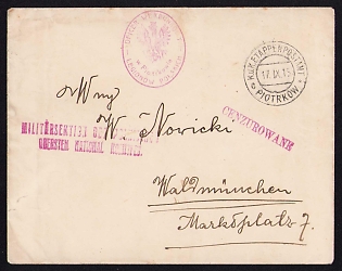1915 (17 Nov) Polish Legion in Austro-Hungarian Army, Field Post Cover from Piotrkow to Waldmünchen Germany, Austrian K.u.K. (Royal and Imperial) Field Post Postmark Piotrkow, Purple Cesorship Postmark, Purple Postmarks of the Recruiting officer of the Polish Legions in Piotrków and Military Section of the Supreme National Committee