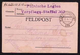 1915 (18 Oct) Polish Legion in Austro-Hungarian Army, Field Post Cover from a Polish Soldier to Chrudim Bohemia, Austrian K.u.K. (Royal and Imperial) Field Post Postmark No 118, Purple Postmark of the 3rd Supply Echelon of the Polish Legions