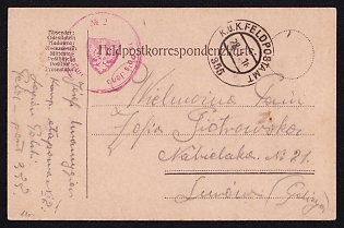 1916 (28 Jan) Polish Legion in Austro-Hungarian Army, Field Post Postcard from a Polish Soldier to Galizia, Austrian K.u.K. (Royal and Imperial) Field Post Postmark No 355, Red Postmark of the Staging Company No. 2 of the Polish Legion