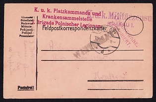 1917 (19 Oct) Polish Legion in Austro-Hungarian Army, Field Post Postcard from Galizia to Krakow, Two Purple Censorship Postmarks (Krakow 1), Red Postmark of the Royal and Imperial Headquarters and Casualty Collection Point, 1st Brigade of the Polish Legions