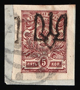 1918 5k Podolia Type 1 (1a) on piece, Ukrainian Tridents, Ukraine, SHIFTED Overprint, Margin