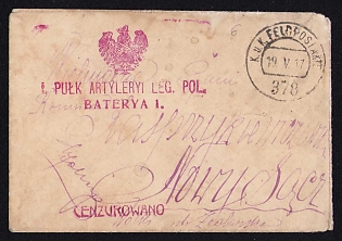 1917 (19 May) Polish Legion in Austro-Hungarian Army, Field Post Cover from a Polish Soldier Nowy Sącz - Galizia, Austrian K.u.K. (Royal and Imperial) Field Post Postmark No 378, Red Postmark of the 1st Artillery Regiment of the Polish Legions, 1st Battery, Red Censorship Postmark