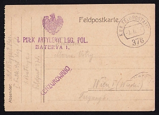 1917 (2 Nov) Polish Legion in Austro-Hungarian Army, Field Post Postcard from a Polish Soldier to Vienna, Austrian K.u.K. (Royal and Imperial) Field Post Postmark No 378, Purple Postmark of the 1st Artillery Regiment of the Polish Legions, 1st Battery, Purple Censorship Postmark