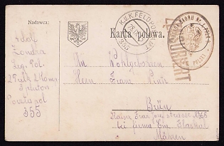 1915 (28 Sep) Polish Legion in Austro-Hungarian Army, Field Post Postcard from a Polish Soldier to Brünn - Moravia, Austrian K.u.K. (Royal and Imperial) Field Post Postmark No 355, Brown Postmark of theCommand of the 1st Battalion, 2nd Regiment Polish Auxiliary Corps, Brown Censorship Postmark