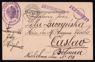 1915 (3 May) Polish Legion in Austro-Hungarian Army, Field Post Postcard from a Polish Soldier to Čáslav, Bohemia, Austrian K.u.K. (Royal and Imperial) Field Post Postmark No 355, Purple Postmark of the Adjutancy of the 2nd Regiment of the Polish Legions, Two Purple Censorship Postmarks