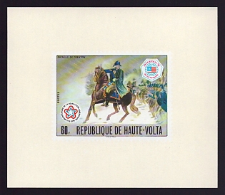 1976 60fr Burkina Faso 'Bicentennial, lnterphil 76 Emblems and Washington at Battle of Trenton' Proof Sheetlet, Epreuve de Luxe, French Community Deluxe Presentation Miniature Sheet