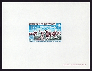 1969 100fr Burkina Faso 'Weather Sonde, WMO Emblem, Mule and Cattle in Irrigated Field' Proof Sheetlet, Epreuve de Luxe, French Community Deluxe Presentation Miniature Sheet