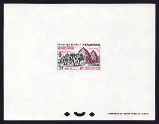 1965 9fr Cameroon 'Pouss Musgum houses' Proof Sheetlet, Epreuve de Luxe, French Community Deluxe Presentation Miniature Sheet