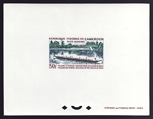 1965 50fr Cameroon 'Racing Boat, Sanaga River, Edéa' Proof Sheetlet, Epreuve de Luxe, French Community Deluxe Presentation Miniature Sheet