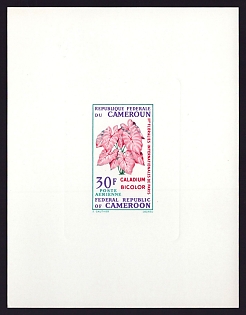 1969 30fr Cameroon 'Caladium Bicolor' Sunken Proof Sheetlet, Epreuve de Luxe, French Community Deluxe Presentation Miniature Sheet