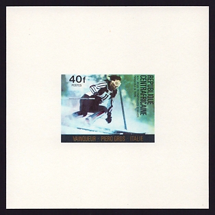 1976 40fr Central African 'Slalom, Piero Gros' Proof Sheetlet, Epreuve de Luxe, French Community Deluxe Presentation Miniature Sheet