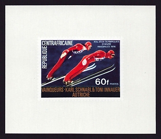 1976 60fr Central African 'Karl Schnabel and Toni Innauer' Proof Sheetlet, Epreuve de Luxe, French Community Deluxe Presentation Miniature Sheet