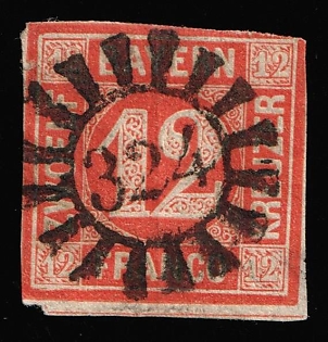 1850 12kr Bavaria, German States, Germany, Circular Postmark