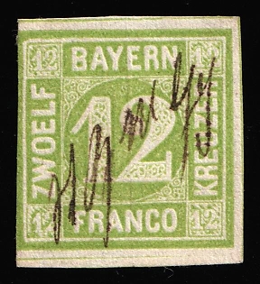 1862 12kr Bavaria, German States, Germany, Pen Cancel