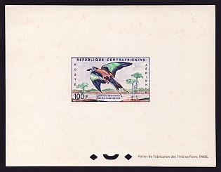 1960 100fr Central African 'Abyssinian Roller' Proof Sheetlet, Epreuve de Luxe, French Community Deluxe Presentation Miniature Sheet