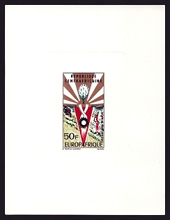 1965 50fr Central African 'Tractor, Cotton Picker, Cotton, Sun and Emblem' Sunken Proof Sheetlet, Epreuve de Luxe, French Community Deluxe Presentation Miniature Sheet